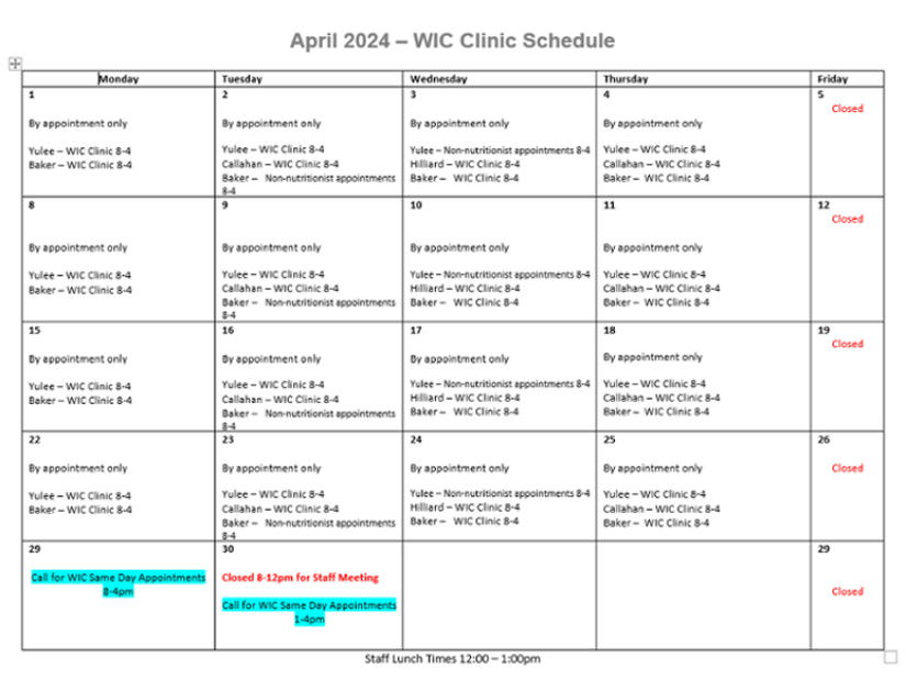 WIC Schedule